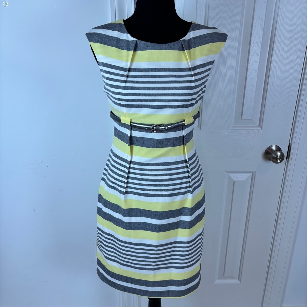Calvin Klein Butter Yellow Grey Striped Belted Sheath Dress 4P Petite Sleeveless